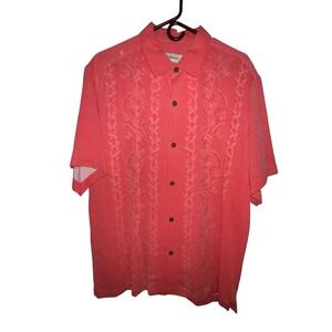 Tommy Bahama Hawaiian Button Front Shirt Men‎ Large Orange Salmon Flowers Silk